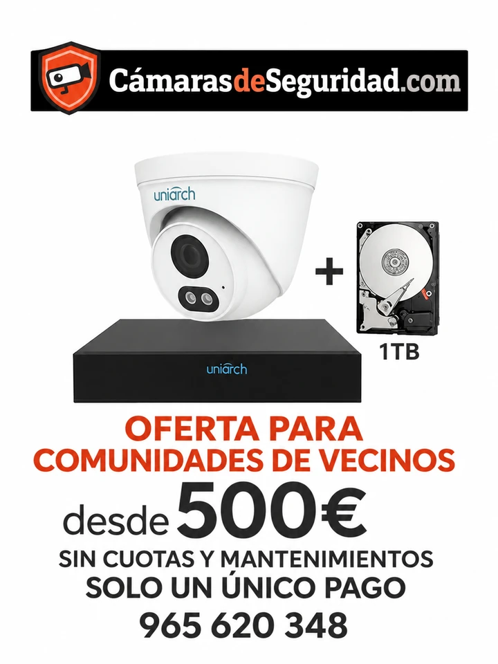 Oferta para comunidades de vecinos: una cámara Uniarch, grabador Uniarch y disco duro de 1 TB, desde 500 € más IVA