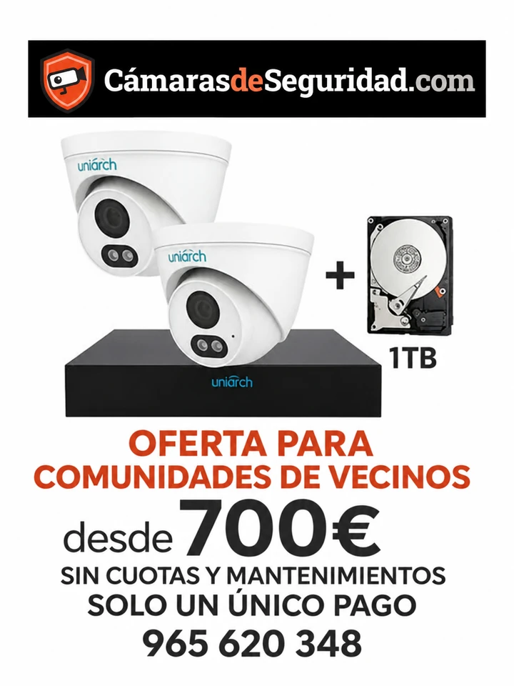 Oferta para comunidades de vecinos: dos cámaras Uniarch, grabador Uniarch y disco duro de 1 TB, desde 700 € más IVA