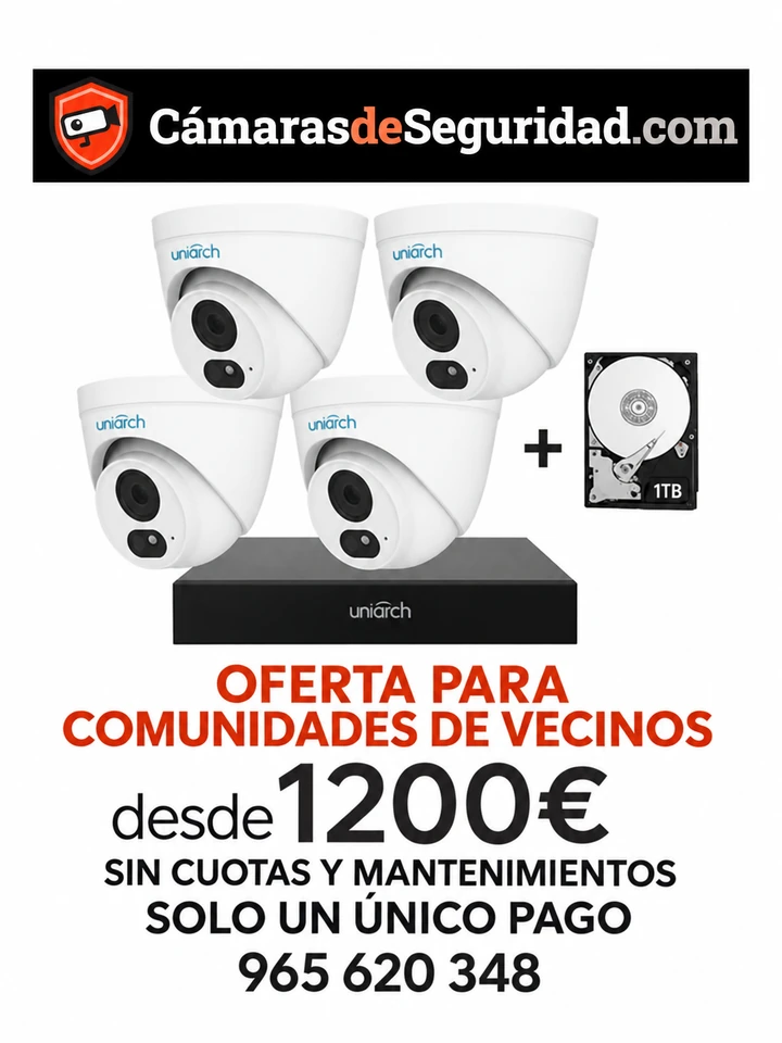 Oferta para comunidades de vecinos: cuatro cámaras Uniarch, grabador Uniarch y disco duro de 1 TB, desde 1200 € más IVA